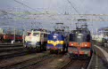 Old locomotives line-up in Venlo (NL): ACTS 1255, ACTS 1253 (both shunting for Alpen Express duties), DB 110 417 (off Alpen Express), DB 151 105 + 151 119 (off iron ore working), February 2002