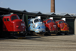 From left to right: DSB Jernbanemuseet MY 1135; MY Veterantog MY 1126; DSB Jernbanemuseet MY 1159; Altmark Rail MY 1155 at Odense DSB Jernbanemuseet on 6 September 2014.