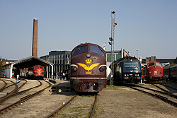 From right to left: Regionstog MX 42, DSB ME 1524, DSB Jernbanemuseet MX 1001, Altmark Rail MY 1149, CFL Cargo MY 1146 at Odense DSB Jernbanemuseet on 6 September 2014.
