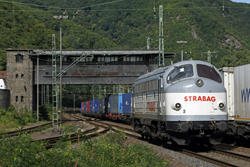 Strabag 227 007 (ex-DSB MY 1147) runs empty through Bingen Hbf on 4 September 2015.