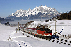 BB 1144 249 + 6 BB coaches as train IC 515 (Innsbruck Hbf - Graz Hbf) at Fieberbrunn on 30 January 2016