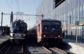 Historic Stichting Mat'54 Hondekop-Vier electric EMU 766 and Nederlands Spoorwegmuseum EMU 273 as chartertrain 28309 'West Falen Express' (Utrecht - Enschede) meet DB DMU 628 539 (Enschede - Gronau, BRD) in Enschede on 8 December 2001