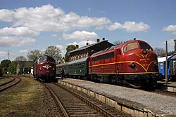 From right to left Altmark-Rail MY 1149 + 2 coaches + Lok Ost 345 116 (train 8507 from Westeregeln to Schneidlingen); BSBS MY 1142; Thomas Speich Eisenbahndienstleistungen 110 171 at Egeln on 3 May 2014.