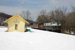 Cuyahoga Valley Scenic Railroad 800 + 12 CVSR + CVSR 1822 from Independence to Akron at Boston Mill on 7 March 2015.